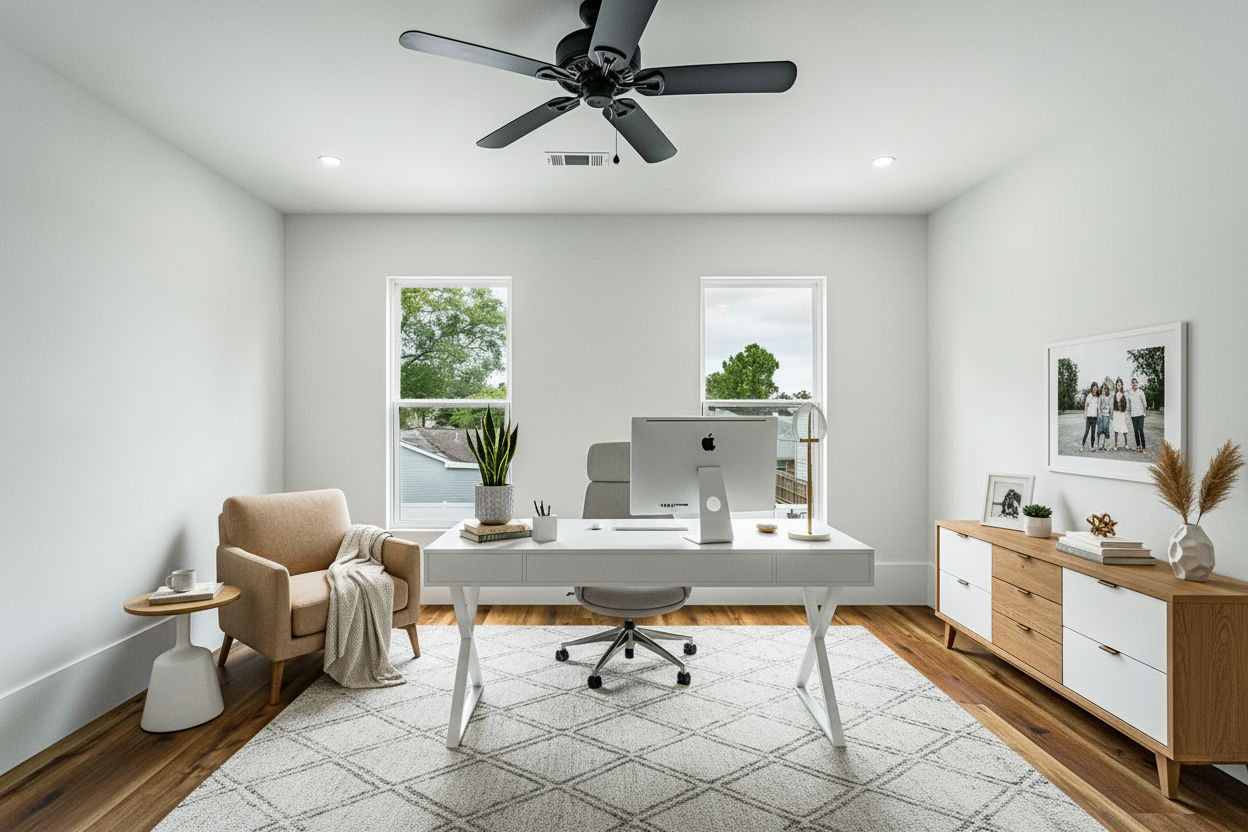 AI-staged professional home office with white desk, iMac computer, modern chair, area rug, plants, and curated artwork - same room transformed